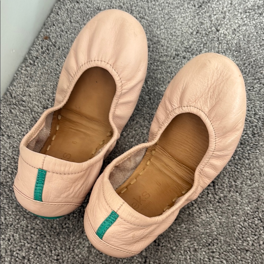 Tieks Blush Pink Leather Ballet Flats with Teal Heel Tab
